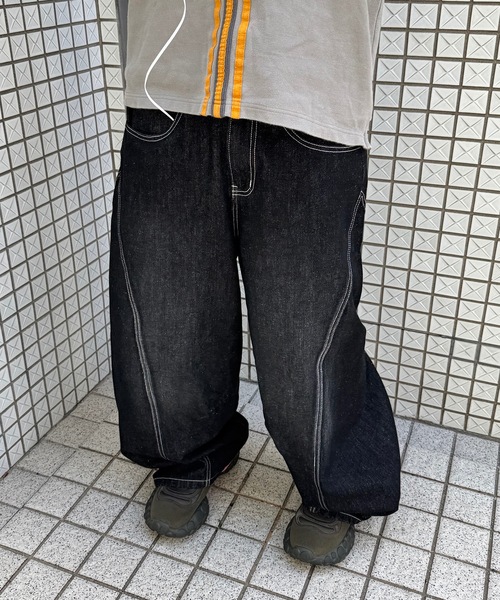 UNDERSTATEMENTs(アンダーステイトメント)の「【ユニセックス】ブラスト加工バルーン切り替えデニムパンツ(デニムパンツ・レディース・ブラック/インディゴブルー・SMALL/LARGE/MEDIUM)」の7枚目の写真