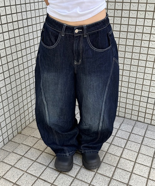 UNDERSTATEMENTs(アンダーステイトメント)の「【ユニセックス】ブラスト加工バルーン切り替えデニムパンツ(デニムパンツ・レディース・ブラック/インディゴブルー・SMALL/LARGE/MEDIUM)」の12枚目の写真