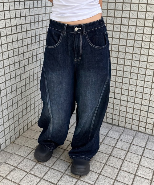 UNDERSTATEMENTs(アンダーステイトメント)の「【ユニセックス】ブラスト加工バルーン切り替えデニムパンツ(デニムパンツ・レディース・ブラック/インディゴブルー・SMALL/LARGE/MEDIUM)」の21枚目の写真