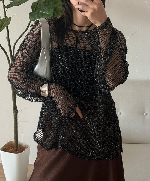 MUHET(ミュエータ)の「melange mesh sheer pullover / メランジメッシュシアートップス(Tシャツ/カットソー・レディース・ブラック/ベージュ・FREE)」の17枚目の写真