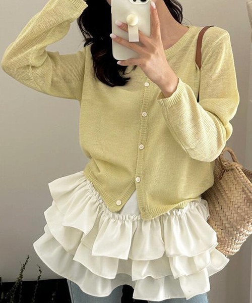 Chiina(チーナ)の「Chiina / シアークルーネック カーディガン(カーディガン/ボレロ・レディース・ブルー/チャコールグレー/イエロー/ライトグリーン/ホワイト/グレー/ブラック・FREE)」の7枚目の写真