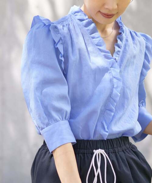 追加》コットンシュリンクフリルハーフスリーブブラウス（シャツ