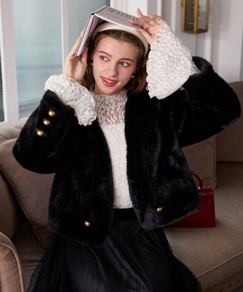 ロイヤルファー☆ファーコート☆フリル付き☆レース☆ノーカラー☆ブラック セール】【BONLECILL noir】フェイクファーコンパクトノーカラー