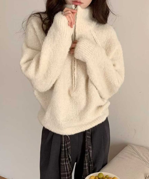 Lace Ladies(レースレディース)の「ブークレー スタンドカラー ハーフジップ ニット プルオーバー(ニット/セーター・レディース・グレイッシュベージュ/アイボリー・FREE)」の11枚目の写真