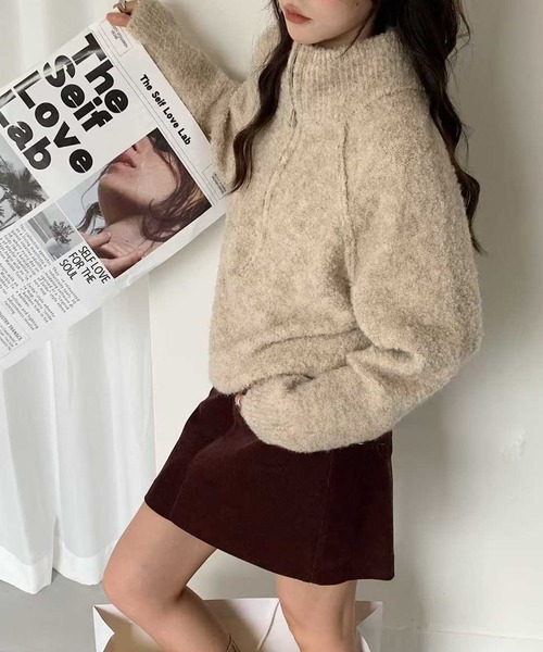 Lace Ladies(レースレディース)の「ブークレー スタンドカラー ハーフジップ ニット プルオーバー(ニット/セーター・レディース・グレイッシュベージュ/アイボリー・FREE)」の6枚目の写真