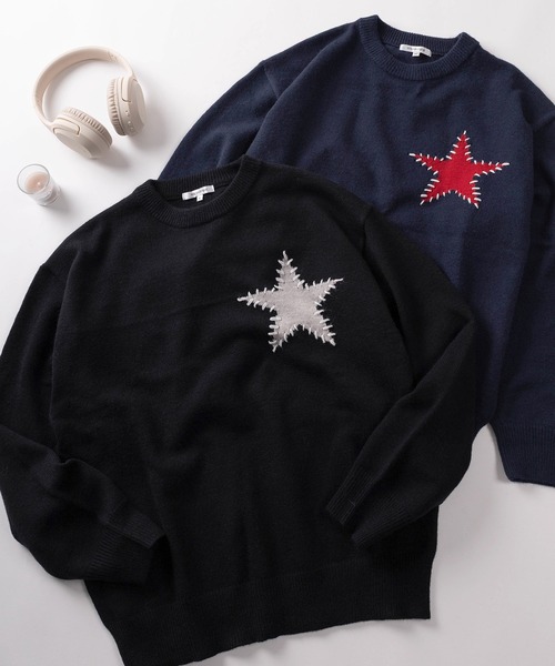 make a ray!(メイク ア レイ!)の「【82】 ハート/スター ハンドステッチ クルーニット(ニット/セーター・レディース・グレー/グレー系その他/ブラック/ブラック系その他/ブルー系その他/ネイビー・M/L)」の2枚目の写真