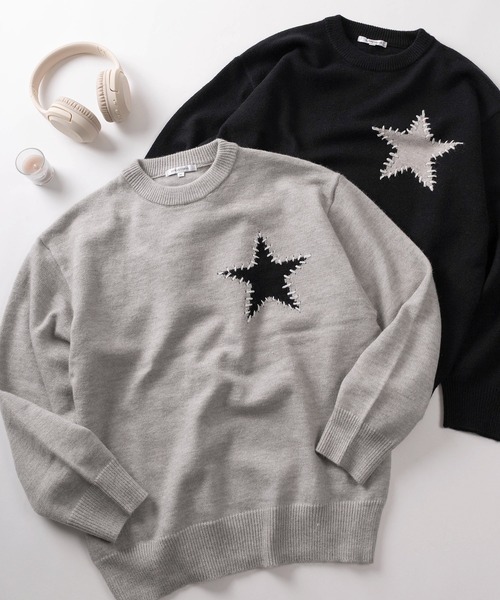 make a ray!(メイク ア レイ!)の「【82】 ハート/スター ハンドステッチ クルーニット(ニット/セーター・レディース・グレー/グレー系その他/ブラック/ブラック系その他/ブルー系その他/ネイビー・M/L)」の4枚目の写真