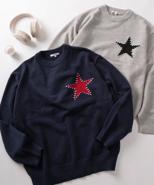 make a ray!(メイク ア レイ!)の「【82】 ハート/スター ハンドステッチ クルーニット(ニット/セーター・レディース・グレー/グレー系その他/ブラック/ブラック系その他/ブルー系その他/ネイビー・M/L)」の6枚目の写真