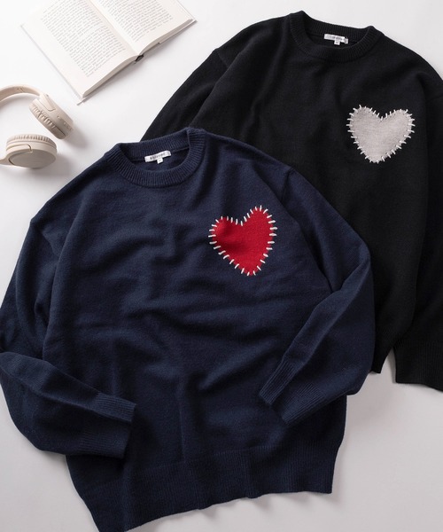 make a ray!(メイク ア レイ!)の「【82】 ハート/スター ハンドステッチ クルーニット(ニット/セーター・レディース・グレー/グレー系その他/ブラック/ブラック系その他/ブルー系その他/ネイビー・M/L)」の5枚目の写真