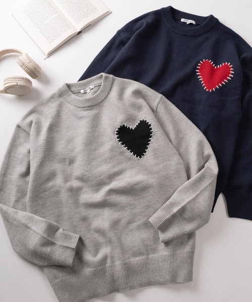 make a ray!(メイク ア レイ!)の「【82】 ハート/スター ハンドステッチ クルーニット(ニット/セーター・レディース・グレー/グレー系その他/ブラック/ブラック系その他/ブルー系その他/ネイビー・M/L)」の3枚目の写真