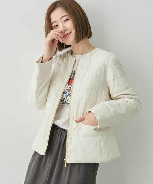 Petit Honfleur(プチオンフルール)の「ノーカラーダウンジャケット【ダウン80%・フェザー20%使用】(ダウンジャケット/コート・レディース・アイボリー/ベージュ/ネイビー・9号/11号/13号)」の2枚目の写真