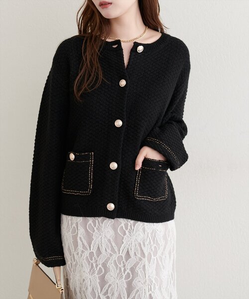 natural couture（ナチュラルクチュール）の「配色ステッチ入りニットジャケット（ニット/セーター・レディース・ネイビー/オフホワイト/ブラック・FREE）」の3枚目の写真