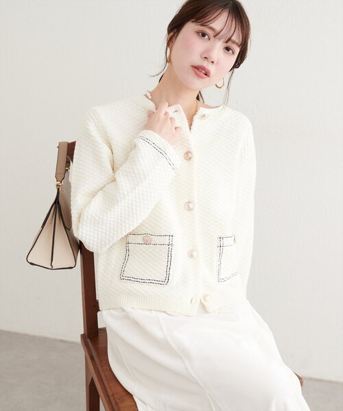 natural couture（ナチュラルクチュール）の「配色ステッチ入りニットジャケット（ニット/セーター・レディース・ネイビー/オフホワイト/ブラック・FREE）」の4枚目の写真