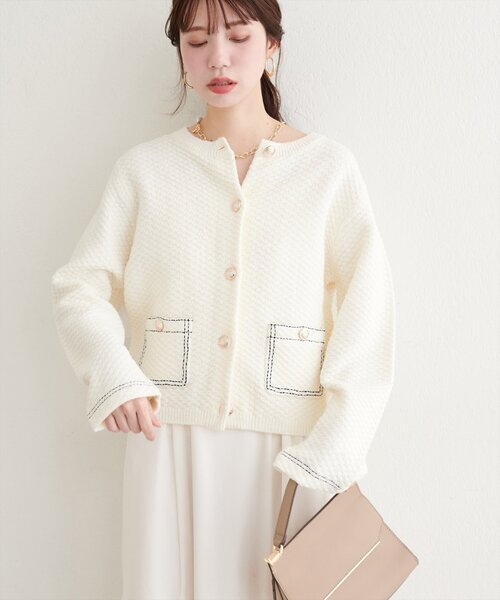 natural couture（ナチュラルクチュール）の「配色ステッチ入りニットジャケット（ニット/セーター・レディース・ネイビー/オフホワイト/ブラック・FREE）」の5枚目の写真