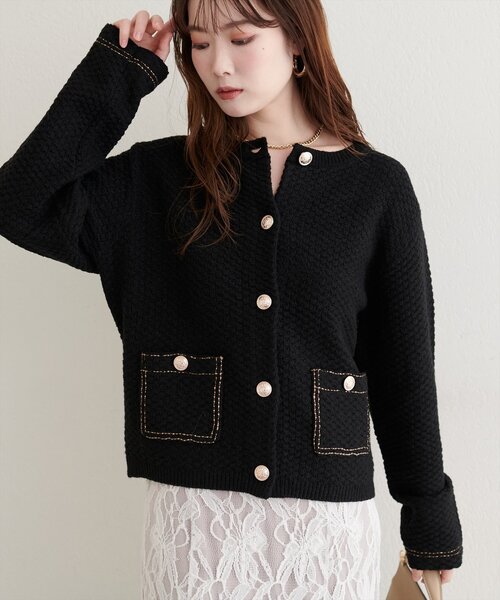 natural couture（ナチュラルクチュール）の「配色ステッチ入りニットジャケット（ニット/セーター・レディース・ネイビー/オフホワイト/ブラック・FREE）」の15枚目の写真