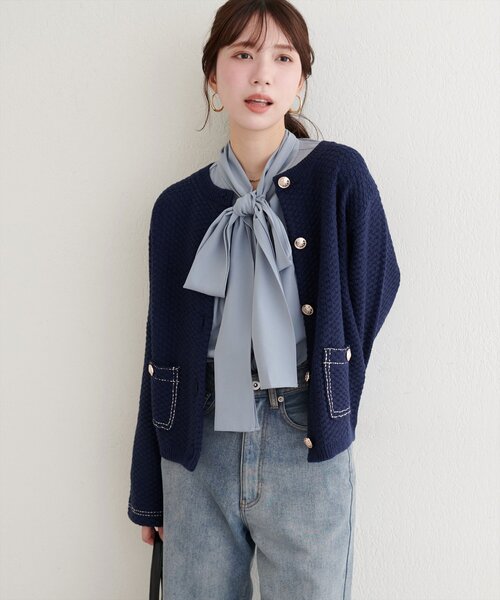 natural couture（ナチュラルクチュール）の「配色ステッチ入りニットジャケット（ニット/セーター・レディース・ネイビー/オフホワイト/ブラック・FREE）」の19枚目の写真