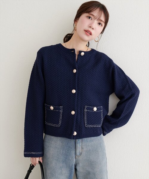 natural couture（ナチュラルクチュール）の「配色ステッチ入りニットジャケット（ニット/セーター・レディース・ネイビー/オフホワイト/ブラック・FREE）」の21枚目の写真