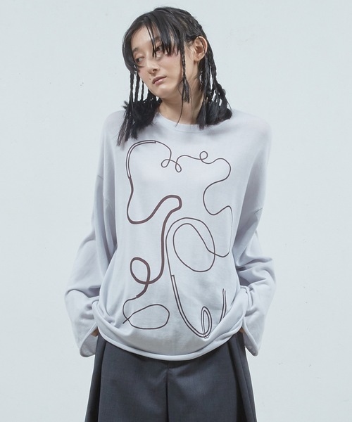 Dulcamara(ドゥルカマラ)の「ステッチプリントロング SLニットPO(ニット/セーター・メンズ・ライトグレー/グリーン・0/1)」の2枚目の写真