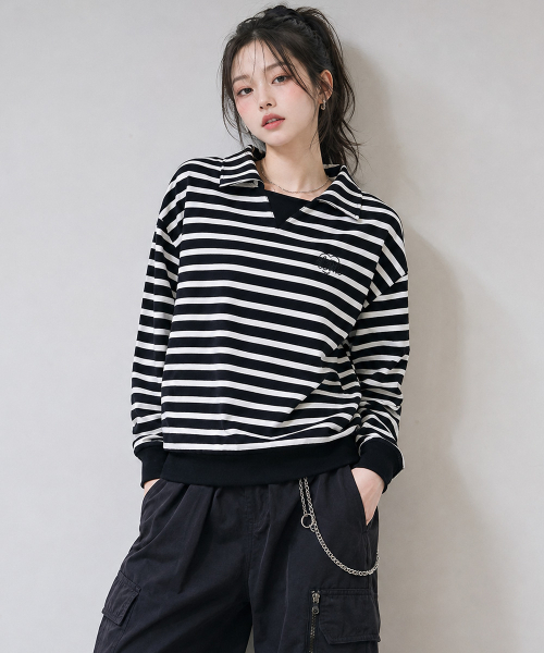 CHASECULT(チェイスカルト)の「レディースストライプカラー スウェットTシャツ-ブラック(スウェット・レディース・ブラック・85/90)」の1枚目の写真