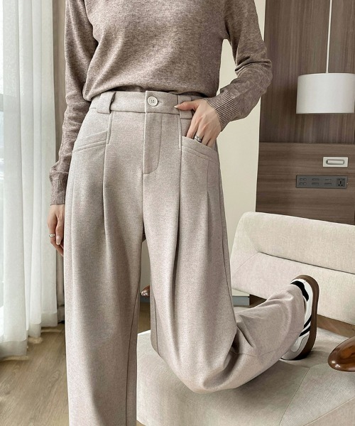 タックデザイン美脚ワイドパンツ ハイウエストリラックススラックス