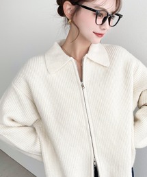 ダブルジップえり付きざっくりニットカーディガン〈手洗い可能〉