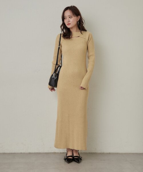 mline（エムライン）の「[mline]アイカットニットワンピース（ワンピース・レディース・ダークブラウン/イエロー/アイボリー・FREE）」の4枚目の写真