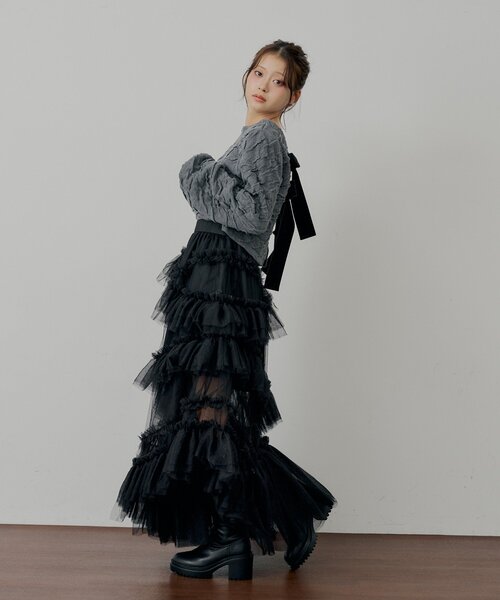 ATELIER-PIERROT黒ボレロカーディガン SALON by Chico】前後2wayフロントリボン配色カーディガン