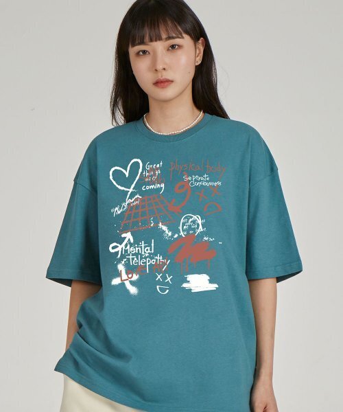 ASTRAL PROJECTION(アストラルプロジェクション)の「フロントアストラルグラフィティラウンドネック15番手コットン半袖Tシャツ_ブルーグリーン(Tシャツ/カットソー・レディース・その他・X-LARGE/LARGE)」の1枚目の写真