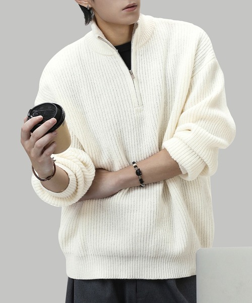 TOBEE（トゥビー）の「【TOBEE】オーバーサイズ ハーフジップ ニットセーター（ニット/セーター・メンズ・ホワイト/ダークグレー/オートミール/ブラック・MEDIUM/X-LARGE/LARGE）」の6枚目の写真