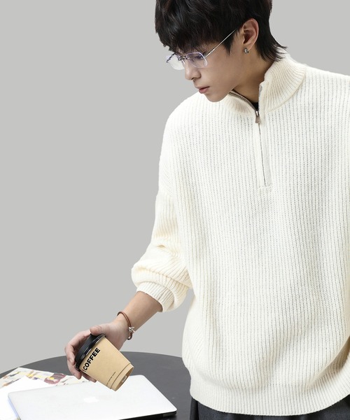 TOBEE（トゥビー）の「【TOBEE】オーバーサイズ ハーフジップ ニットセーター（ニット/セーター・メンズ・ホワイト/ダークグレー/オートミール/ブラック・MEDIUM/X-LARGE/LARGE）」の9枚目の写真