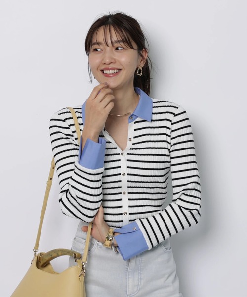 JUSGLITTY(ジャスグリッティー)の「配色シャツカラー長袖ニット(ニット/セーター・レディース・グレイッシュベージュ/ライトイエロー/ブラック系その他/ネイビー・2)」の1枚目の写真