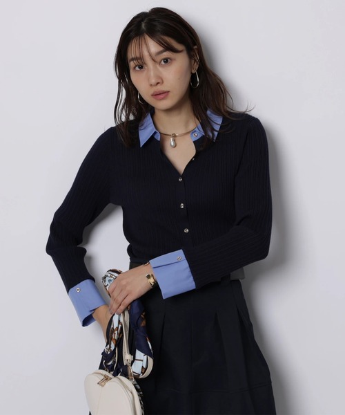 JUSGLITTY(ジャスグリッティー)の「配色シャツカラー長袖ニット(ニット/セーター・レディース・グレイッシュベージュ/ライトイエロー/ブラック系その他/ネイビー・2)」の3枚目の写真