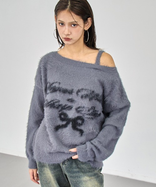 ANAP(アナップ)の「ワンショルダージャガードシャギーニット(ニット/セーター・レディース・ブラック/ダークグレー/ライトグレー・F)」の3枚目の写真
