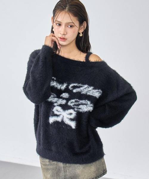 ANAP(アナップ)の「ワンショルダージャガードシャギーニット(ニット/セーター・レディース・ブラック/ダークグレー/ライトグレー・F)」の2枚目の写真