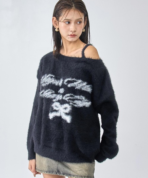 ANAP(アナップ)の「ワンショルダージャガードシャギーニット(ニット/セーター・レディース・ブラック/ダークグレー/ライトグレー・F)」の4枚目の写真