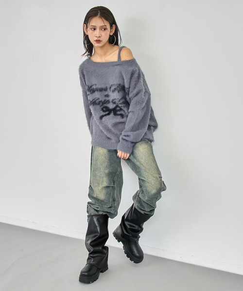 ANAP(アナップ)の「ワンショルダージャガードシャギーニット(ニット/セーター・レディース・ブラック/ダークグレー/ライトグレー・F)」の14枚目の写真
