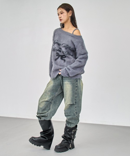 ANAP(アナップ)の「ワンショルダージャガードシャギーニット(ニット/セーター・レディース・ブラック/ダークグレー/ライトグレー・F)」の15枚目の写真