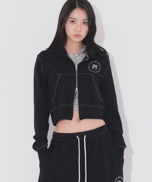 STITCH CROP ZIP HOODIE (BLACK)