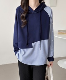 emi+（エミプラス）の「フーディアシメストライプ柄ドッキングパーカー（パーカー）」