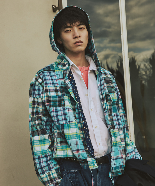 JOURNAL STANDARD（ジャーナルスタンダード）の「パッチ マドラス チェック フーディ シャツ（シャツ/ブラウス・メンズ・オレンジ/ブラック/サックスブルー・MEDIUM/LARGE）」の2枚目の写真