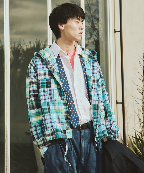 JOURNAL STANDARD（ジャーナルスタンダード）の「パッチ マドラス チェック フーディ シャツ（シャツ/ブラウス・メンズ・オレンジ/ブラック/サックスブルー・MEDIUM/LARGE）」の7枚目の写真