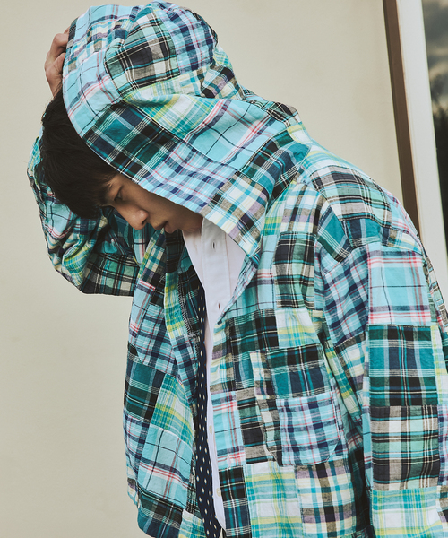 JOURNAL STANDARD（ジャーナルスタンダード）の「パッチ マドラス チェック フーディ シャツ（シャツ/ブラウス・メンズ・オレンジ/ブラック/サックスブルー・MEDIUM/LARGE）」の10枚目の写真