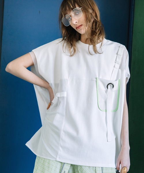 AULA AILA（アウラアイラ）の「メッシュポケットトップス（Tシャツ/カットソー・レディース・ネイビー/オフホワイト/ブラック・0）」の2枚目の写真