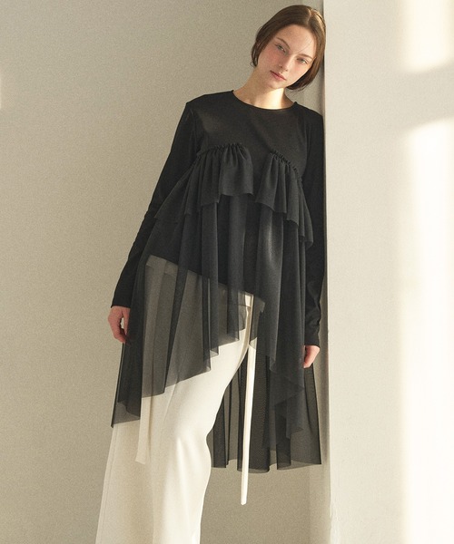 MIELI INVARIANT（ミエリインヴァリアント）の「Tulle Tail Mix Tops（Tシャツ/カットソー・レディース・ブラック/ホワイト・FREE）」の15枚目の写真