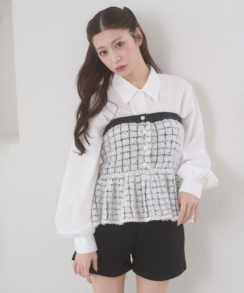 Ambre Neige(アンブルネージュ)の「knit bustier & volume shirt set / ニットビスチェ&ボリュームシャツセット(アンサンブル・レディース・チャコールグレー/アイボリー・FREE)」の4枚目の写真