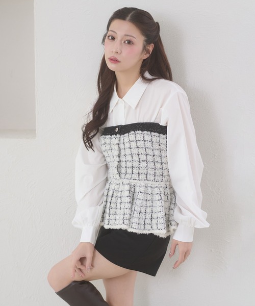 Ambre Neige(アンブルネージュ)の「knit bustier & volume shirt set / ニットビスチェ&ボリュームシャツセット(アンサンブル・レディース・チャコールグレー/アイボリー・FREE)」の5枚目の写真