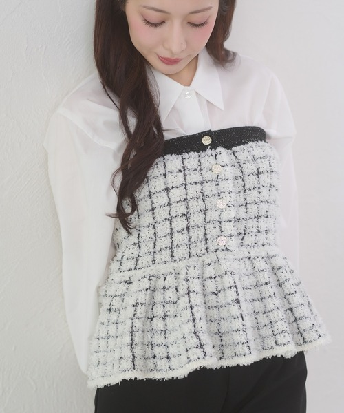 Ambre Neige(アンブルネージュ)の「knit bustier & volume shirt set / ニットビスチェ&ボリュームシャツセット(アンサンブル・レディース・チャコールグレー/アイボリー・FREE)」の7枚目の写真