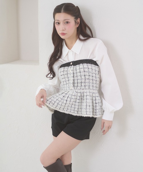 Ambre Neige(アンブルネージュ)の「knit bustier & volume shirt set / ニットビスチェ&ボリュームシャツセット(アンサンブル・レディース・チャコールグレー/アイボリー・FREE)」の8枚目の写真