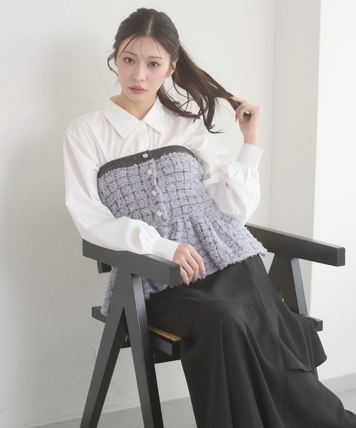 Ambre Neige(アンブルネージュ)の「knit bustier & volume shirt set / ニットビスチェ&ボリュームシャツセット(アンサンブル・レディース・チャコールグレー/アイボリー・FREE)」の15枚目の写真