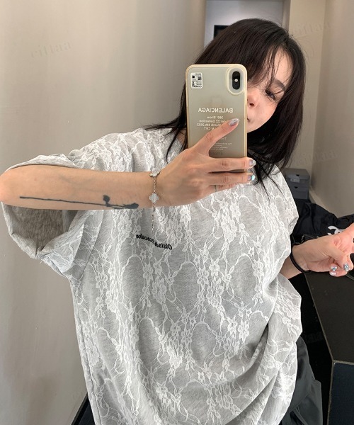 韓国ファッション Oisis花柄レース半袖Tシャツ（Tシャツ/カットソー